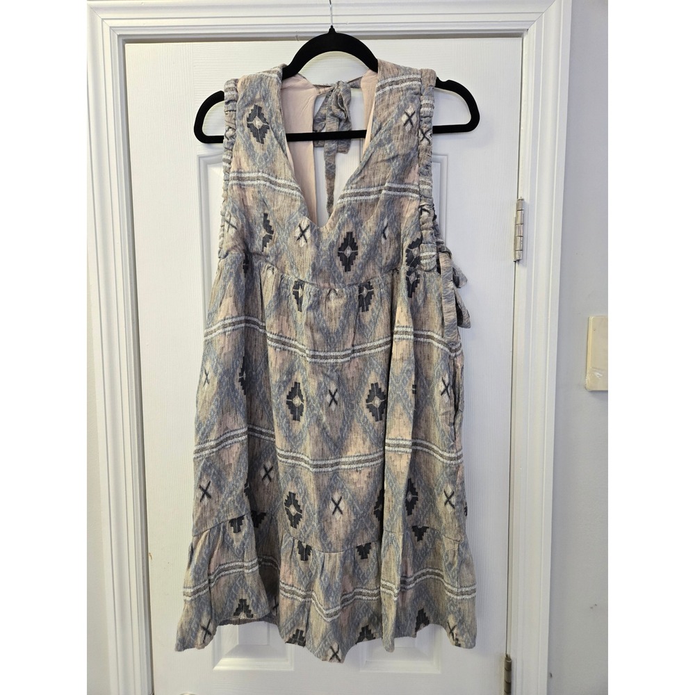 Cleo and Wolf Blue Ikat Southwestern Babydoll Dress Tiered Pockets Mini L